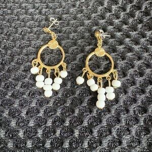 Vintage/Estate Sale Gold-Tone & White Beaded Dangle Earrings